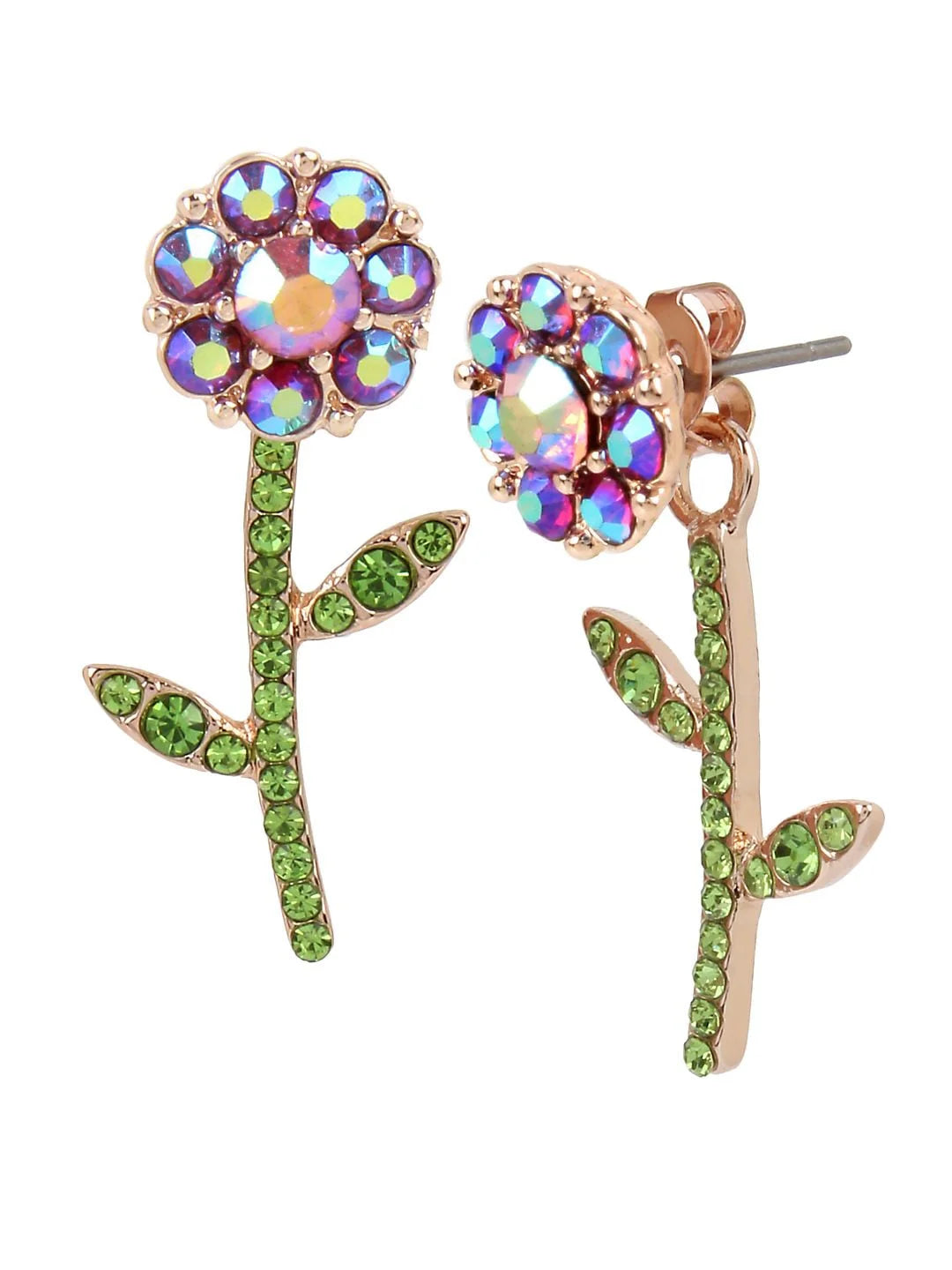 Earrings Fruit Flies Crystal Flower Front Back Studs Iridescent Purple Green Rose Gold Womens Jewelry Gift