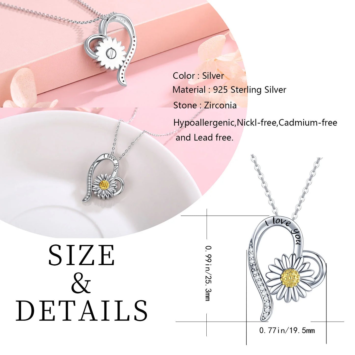 Heart Daisy Urn Necklace for Ashes 925 Sterling Silver Heart Memorial Keepsake Sunflower Pendant Necklace Cremation Jewelry Gifts for Women