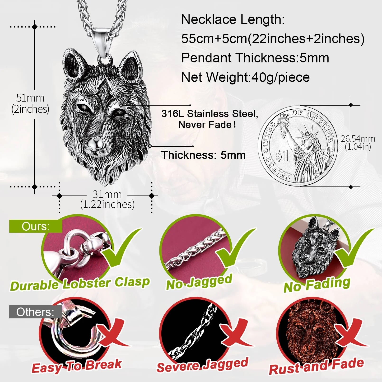 Norse Viking Wolf Pendant Necklace for Men Stainless Steel Scandinavia Jewelry Gift Amulet for Son Birthday Christmas Valentines