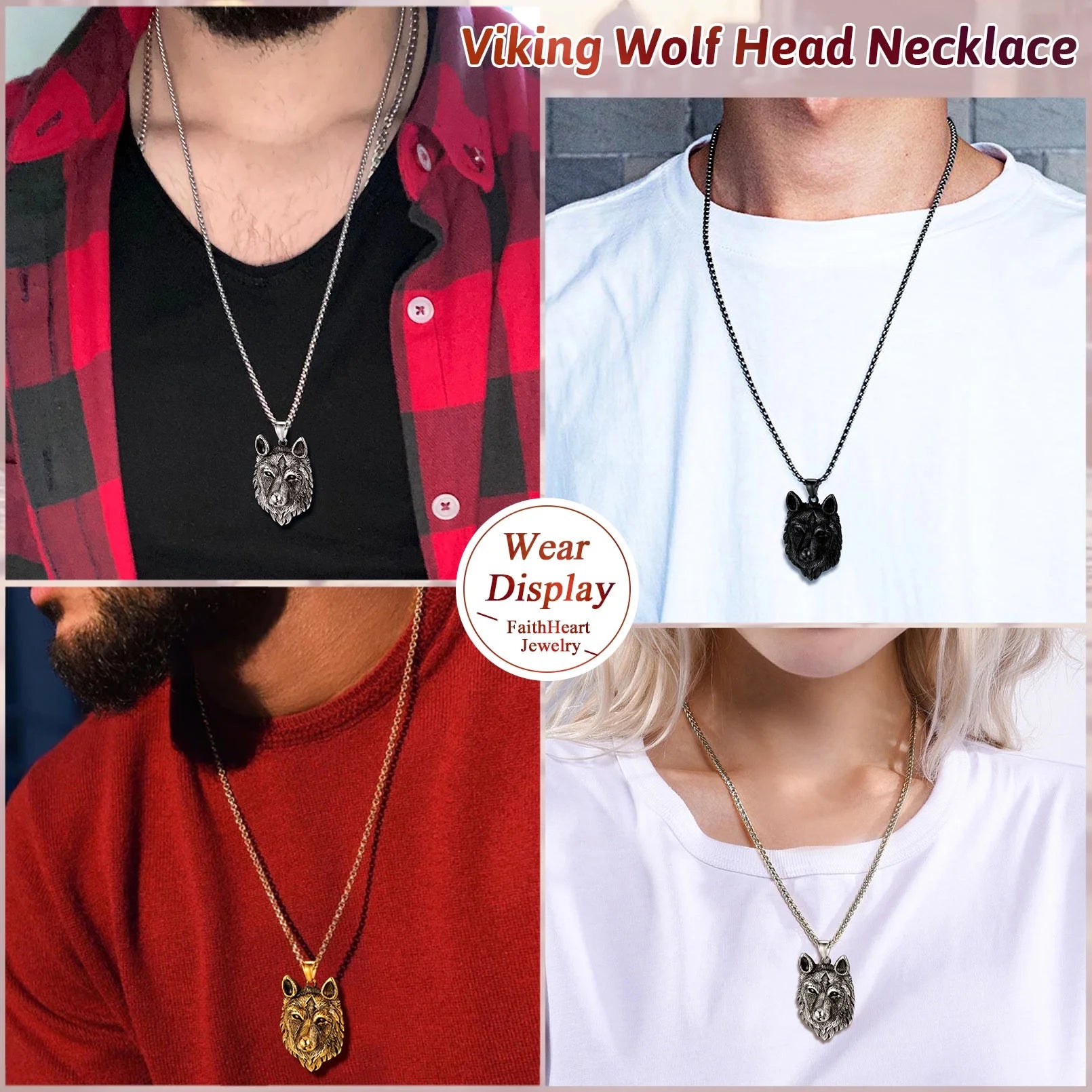 Norse Viking Wolf Pendant Necklace for Men Stainless Steel Scandinavia Jewelry Gift Amulet for Son Birthday Christmas Valentines