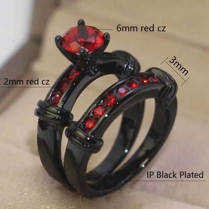 Matching Ring Couple Rings Black Gold Plated 1CT Red CZ Wedding Ring Sets Titanium Male Ring