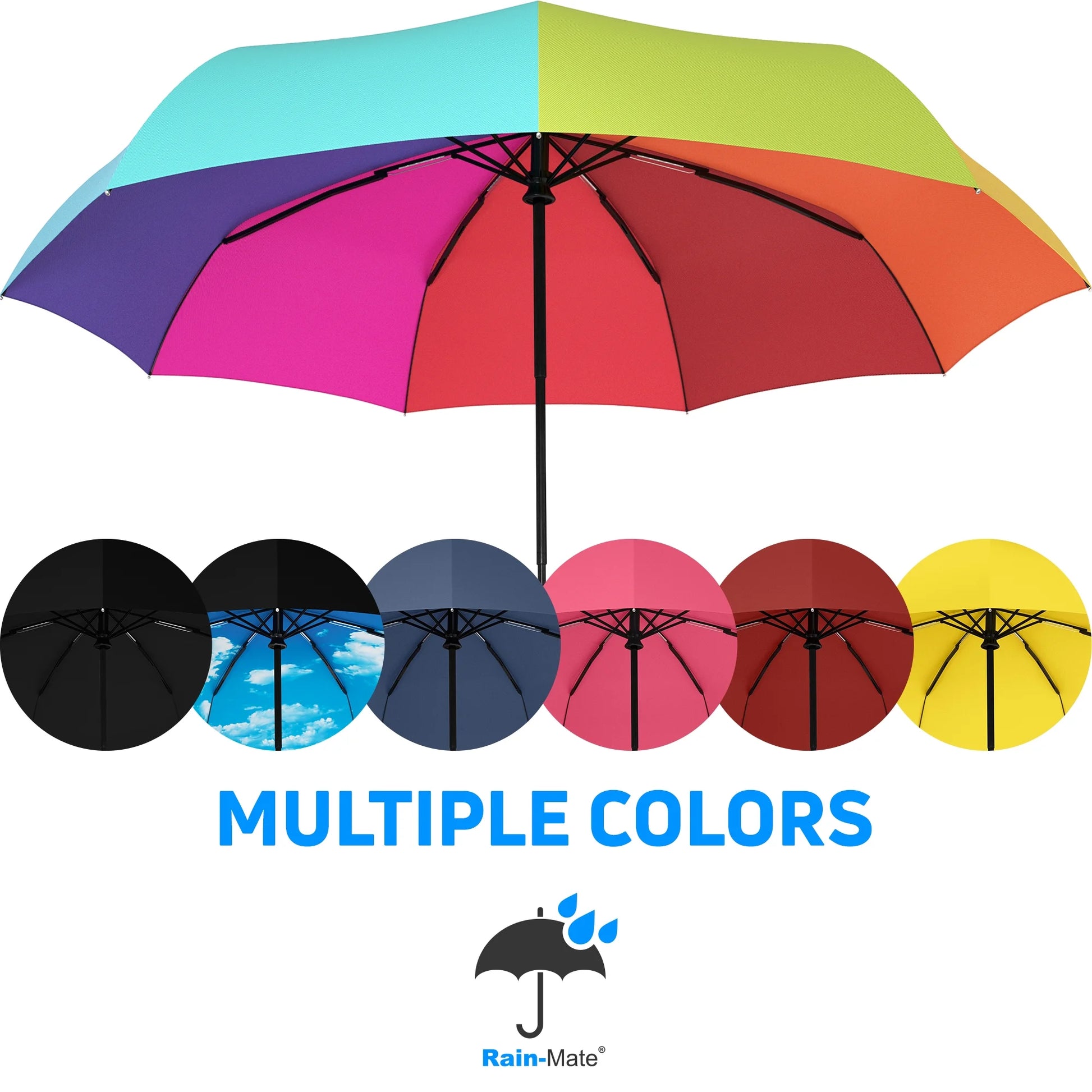 Compact Travel Umbrella, Windproof Umbrella, Auto Open and Close Button, 9 Rib Reinforced Canopy (Rainbow)