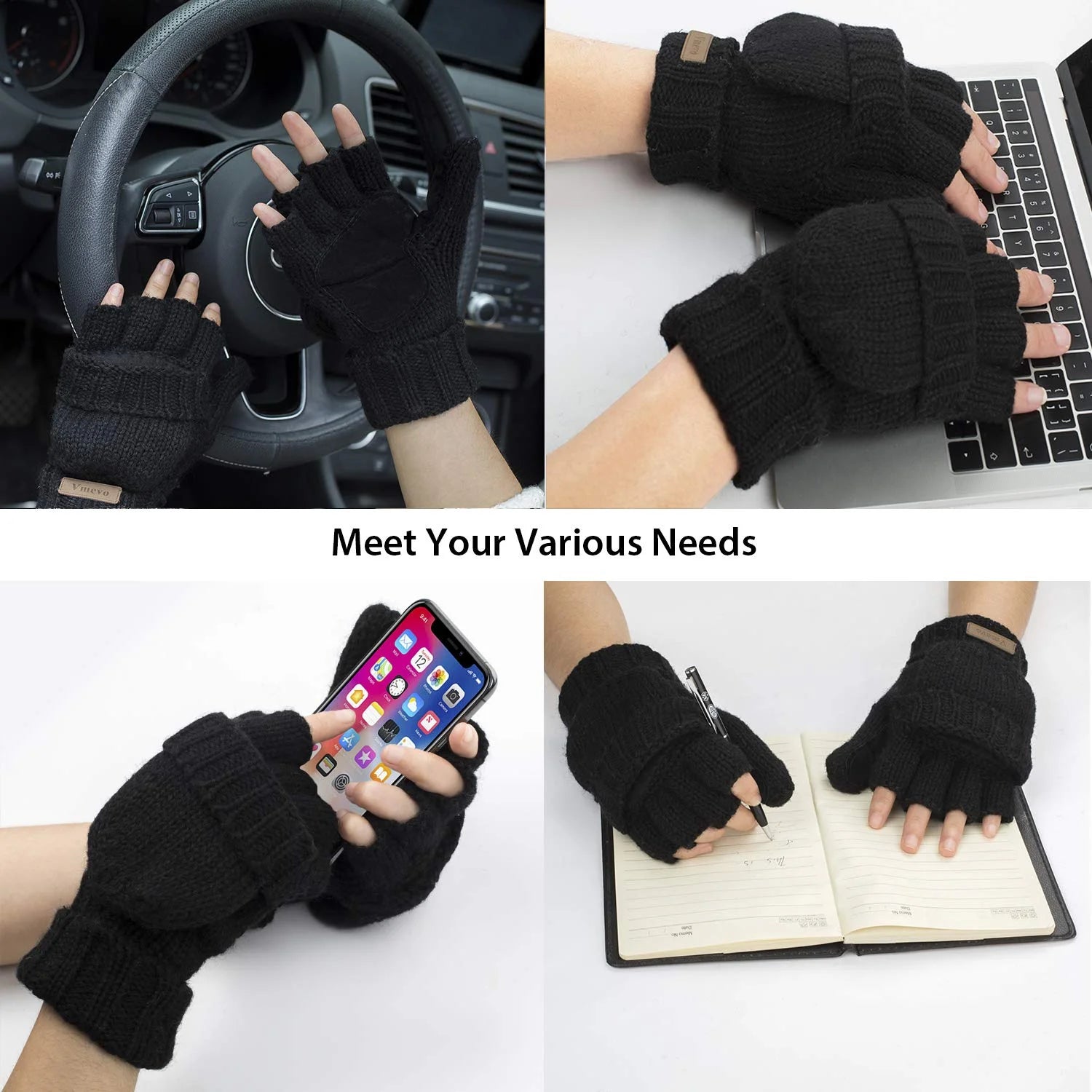 Mittens Winter Fingerless Gloves Warm Wool Knitted Gloves Convertible Gloves for Men and Women