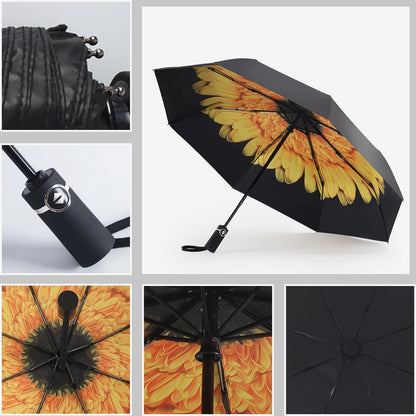 Travel Umbrellas for Rain Small Light Windproof Umbrella Automatic Folding Waterproof Umbrella Dual-Use Sun Umbrella (Yellow Flower)