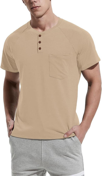 Men'S Summer Casual T-Shirts Front Placket Raglan Short Sleeve Henley Shirts with Pocket XL, Khaki