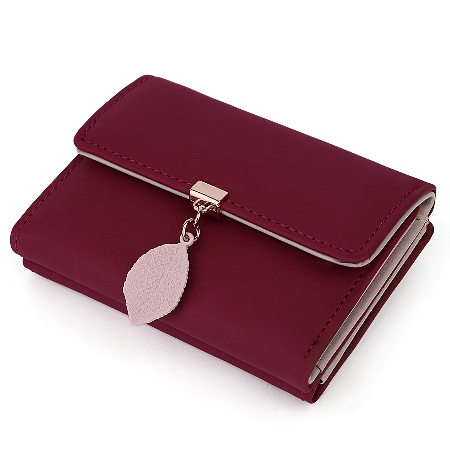 Small Wallet for Women PU Leather RFID Blocking Coin Purse Card Holder Trifold Ladies Purse Leaf Pendant(Wine Red)