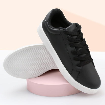 Women'S Low Top Sneakers - PU Leather Lace up Lightweight Fashion Sneakers for Women Comfortable Classic Casual Shoes Black Size 11