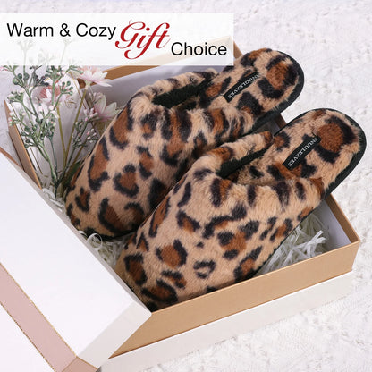 Women'S Fuzzy House Memory Foam Slippers Cute Furry Leopard Print Faux Fur Lined Closed Toe Indoor Slides Bedroom Slip on Shoes