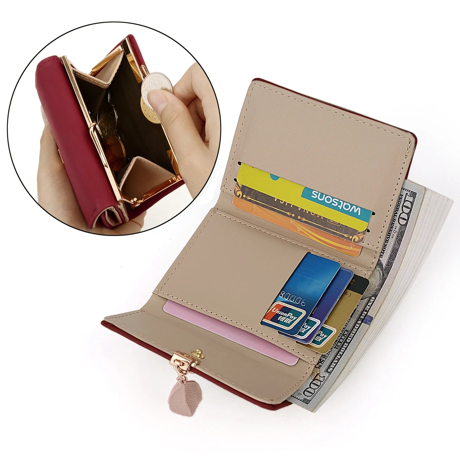 Small Wallet for Women PU Leather RFID Blocking Coin Purse Card Holder Trifold Ladies Purse Leaf Pendant(Wine Red)