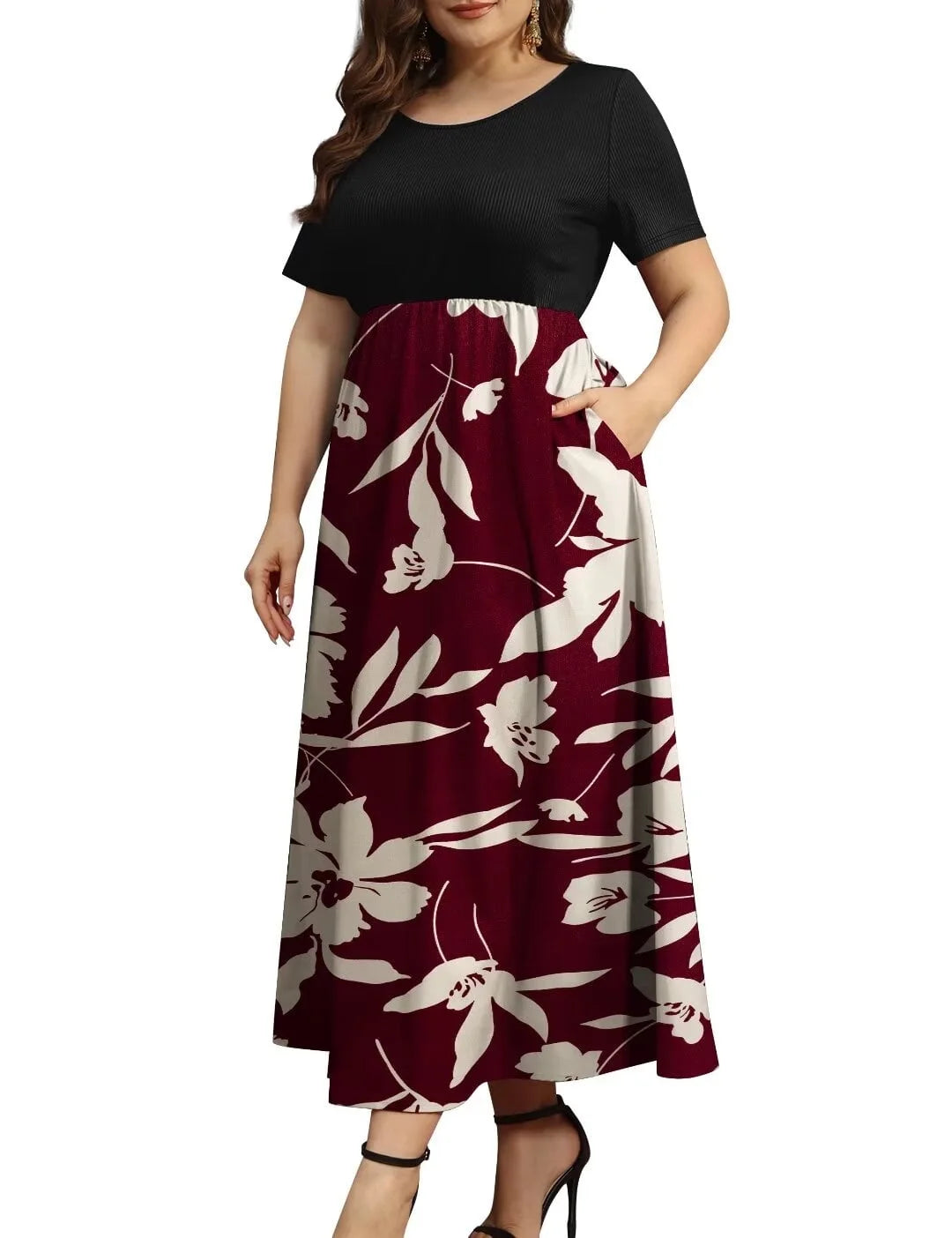 Women plus Size Dresses Short Sleeve Loose Ribbed Casual Long Maxi Dresses with Pockets L-4X