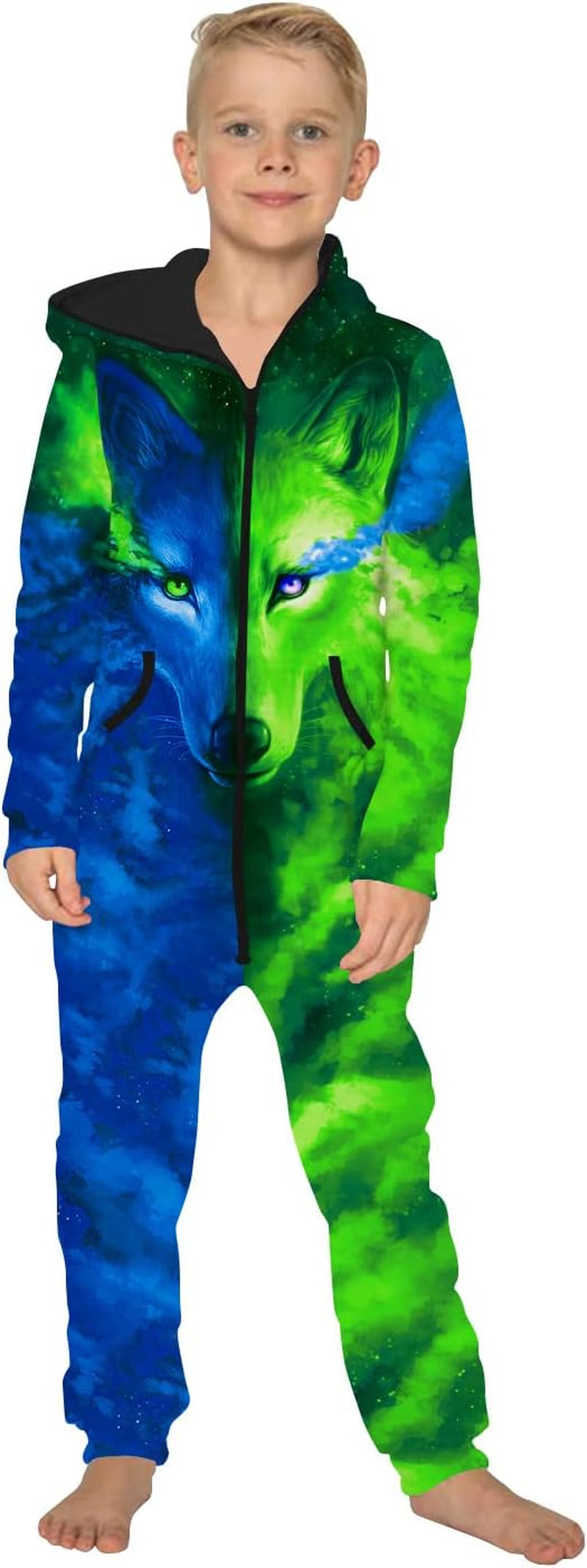 Wolf 3D Print Kids Zip up Hoodie Jumpsuits Boys Girls Hoodie Jumpsuits Rompers Comfortable Casual Zip Hooded Playsuit (13-14 Years, Green-Blue)