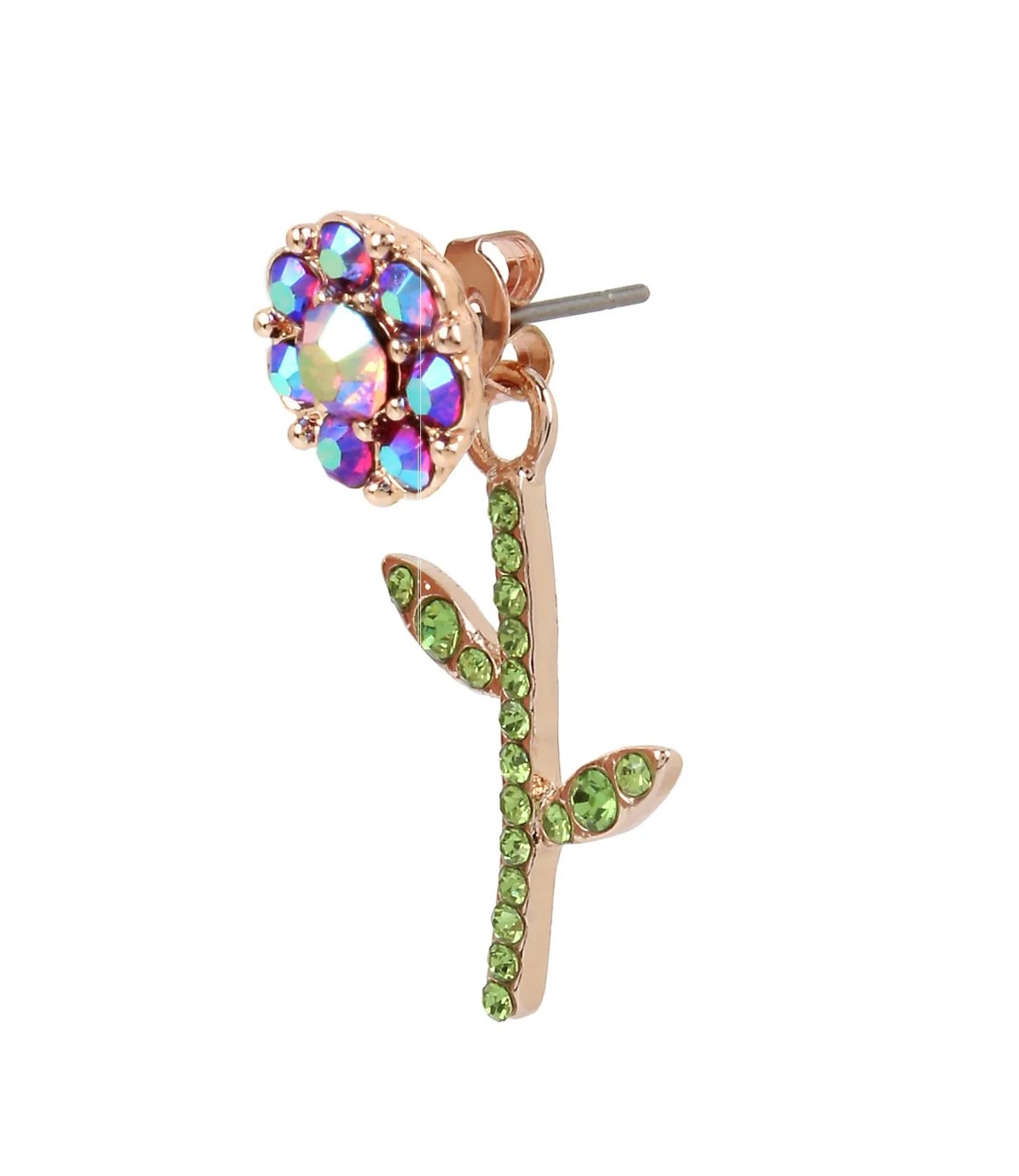 Earrings Fruit Flies Crystal Flower Front Back Studs Iridescent Purple Green Rose Gold Womens Jewelry Gift