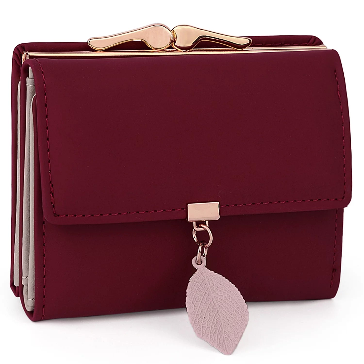 Small Wallet for Women PU Leather RFID Blocking Coin Purse Card Holder Trifold Ladies Purse Leaf Pendant(Wine Red)