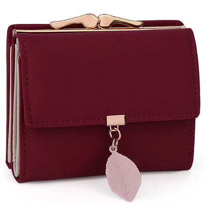 Small Wallet for Women PU Leather RFID Blocking Coin Purse Card Holder Trifold Ladies Purse Leaf Pendant(Wine Red)