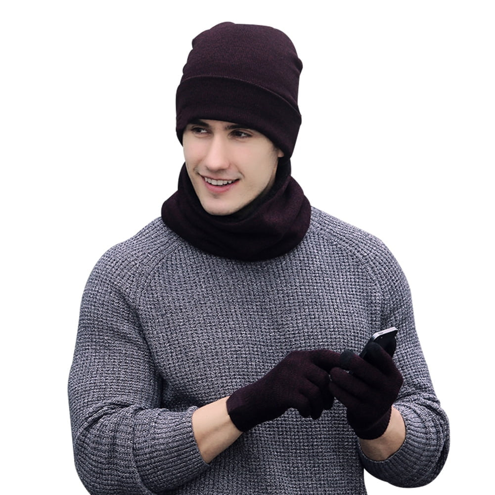 Winter Beanie Hat Scarf Touchscreen Gloves Set for Men and Women, Beanie Gloves Neck Warmer Set with Warm Knit Fleece Lined, Wine Red