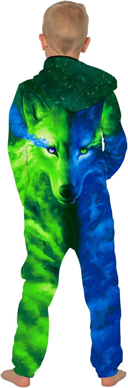 Wolf 3D Print Kids Zip up Hoodie Jumpsuits Boys Girls Hoodie Jumpsuits Rompers Comfortable Casual Zip Hooded Playsuit (13-14 Years, Green-Blue)