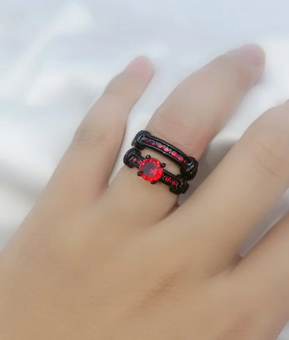 Matching Ring Couple Rings Black Gold Plated 1CT Red CZ Wedding Ring Sets Titanium Male Ring