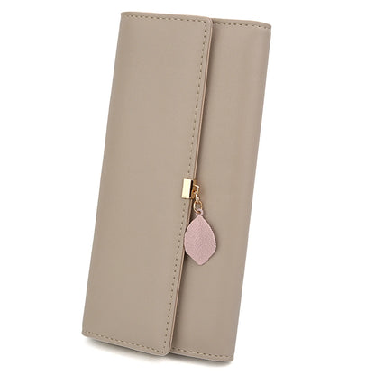 Womens Wallet PU Leather RFID Blocking Card Holder Elegant Zipper Coin Purse Leaf Pendant(Khaki)