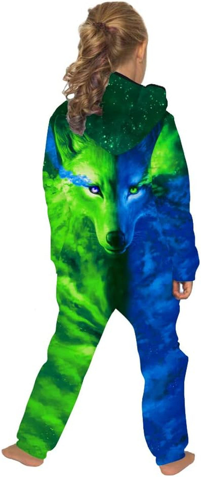 Wolf 3D Print Kids Zip up Hoodie Jumpsuits Boys Girls Hoodie Jumpsuits Rompers Comfortable Casual Zip Hooded Playsuit (13-14 Years, Green-Blue)