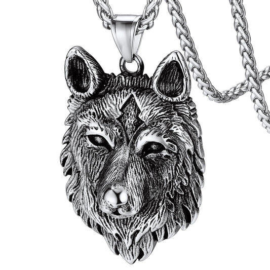 Norse Viking Wolf Pendant Necklace for Men Stainless Steel Scandinavia Jewelry Gift Amulet for Son Birthday Christmas Valentines