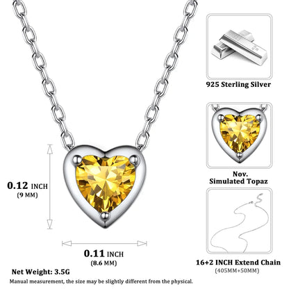 Women November Birthstone Necklace 925 Sterling Silver Small Cubiz Zirconia Topaz Pendant Heart Pendant Necklace for Women