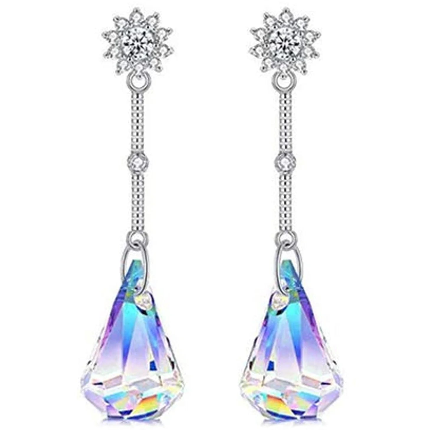 14K White Gold Plated Aurora Borealis Austrian Rainbow Multicolor Crystal Tear Drop Cut Stud Dangle Earrings for Women, Girls & Men