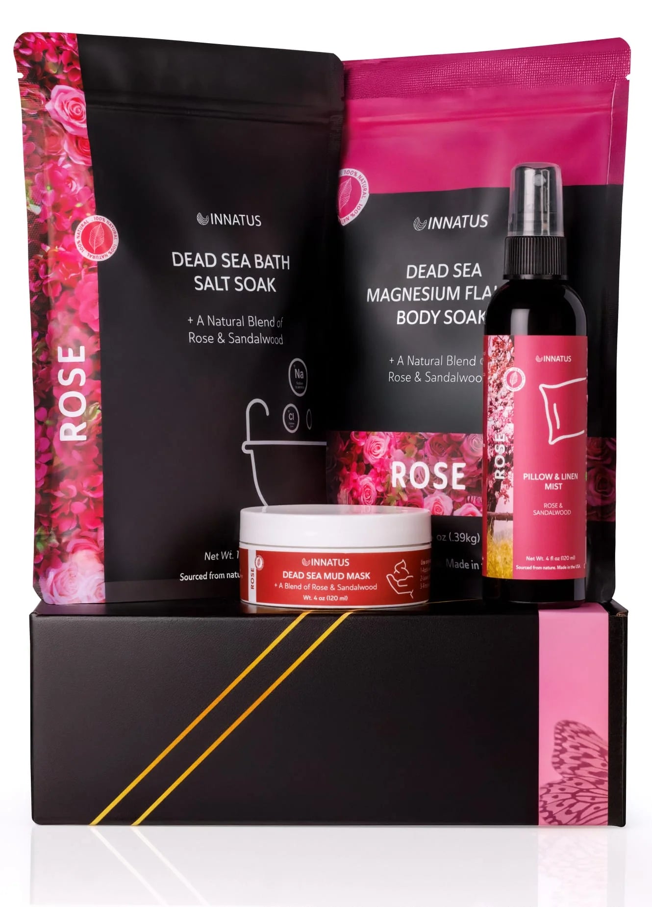 Luxury Dead Sea Spa Gift Set – Bath Salt, Magnesium Flakes, Pillow & Linen Spray, and Mud Mask – Rose & Sandalwood Aromatherapy Kit for Relaxation, Hydration & Skincare – Perfect Self-Care Gift