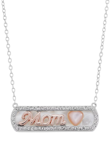 Mother of Pearl Bar,Crystal,Heart,Mom Necklace in Sterling Silver and 14KT Rose Plate,18"