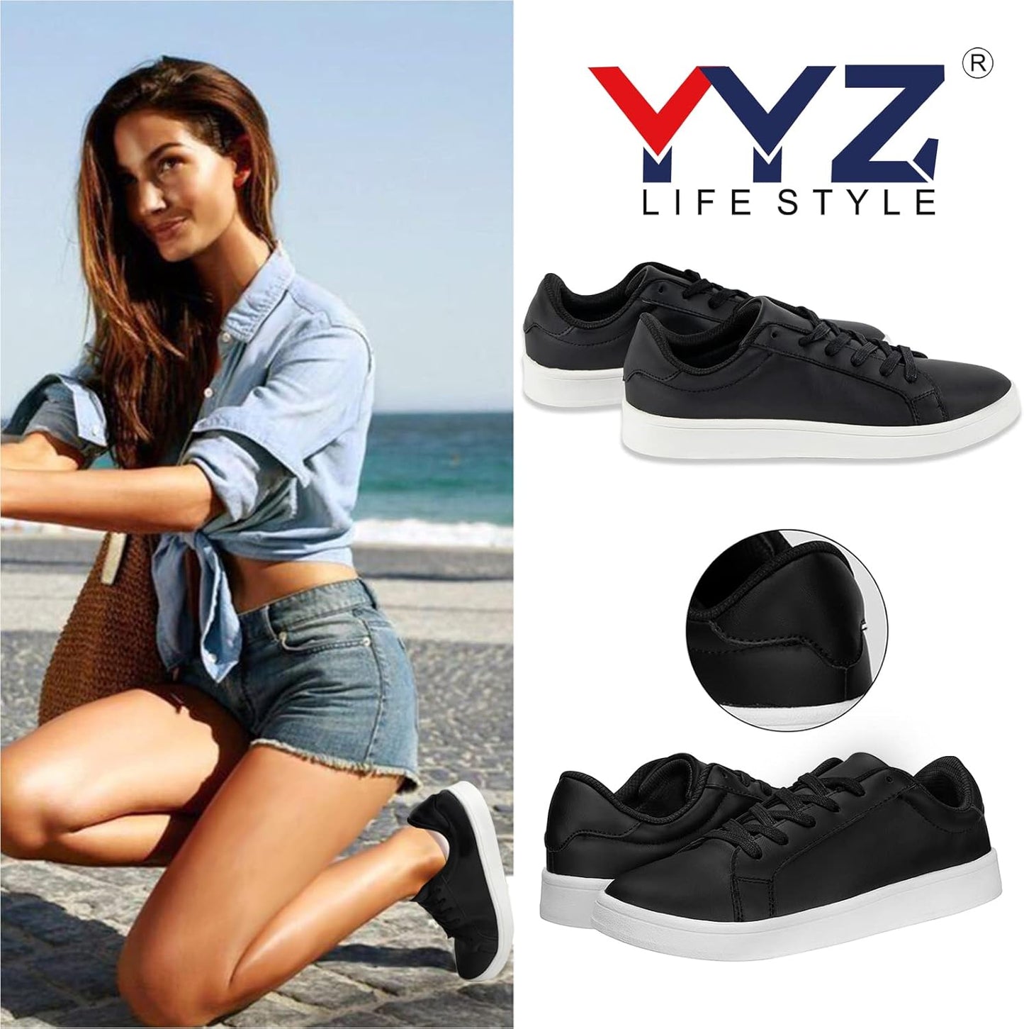 Women'S Low Top Sneakers - PU Leather Lace up Lightweight Fashion Sneakers for Women Comfortable Classic Casual Shoes Black Size 11