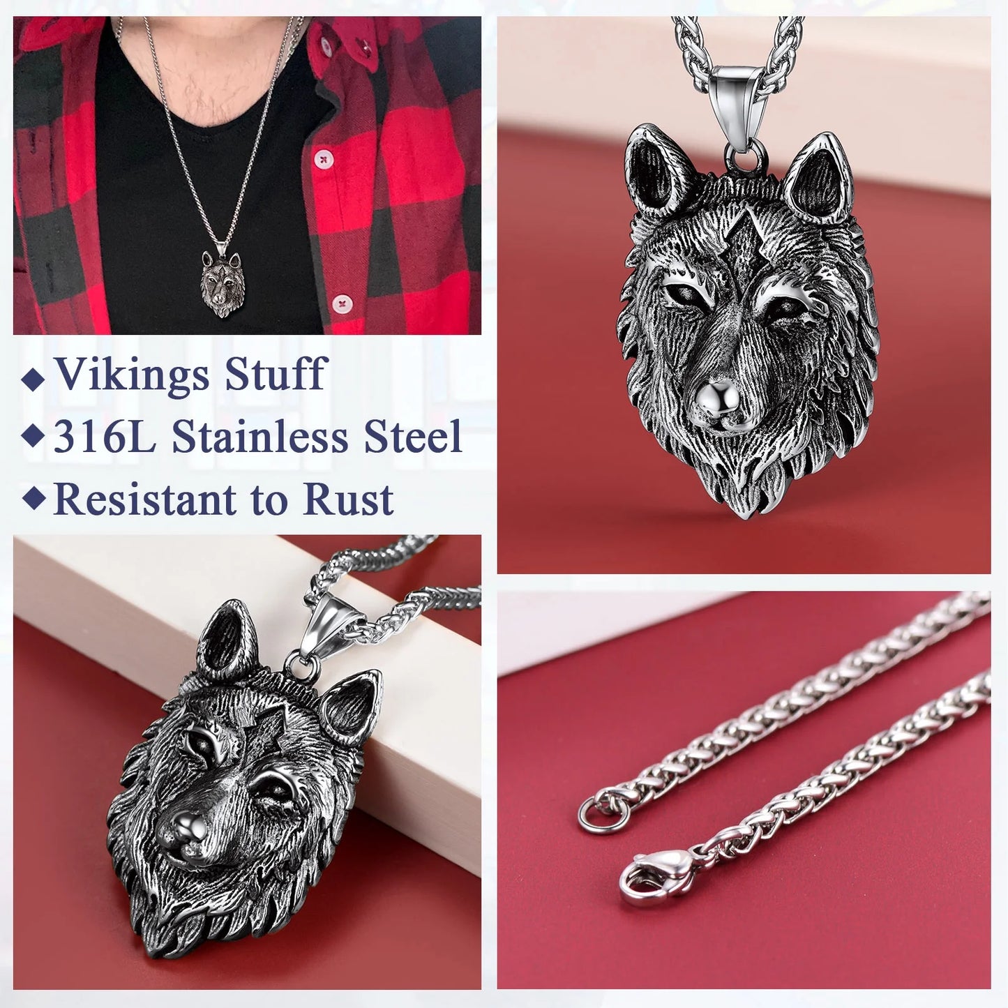 Norse Viking Wolf Pendant Necklace for Men Stainless Steel Scandinavia Jewelry Gift Amulet for Son Birthday Christmas Valentines