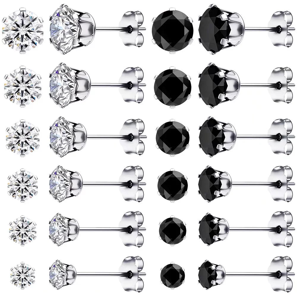 Earrings for Women Surgical Steel Cubic Zirconia Stud Earrings Set（12 Pairs,Black&White，3Mm-8Mm）