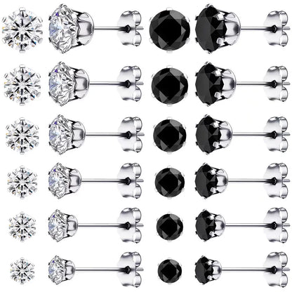 Earrings for Women Surgical Steel Cubic Zirconia Stud Earrings Set（12 Pairs,Black&White，3Mm-8Mm）