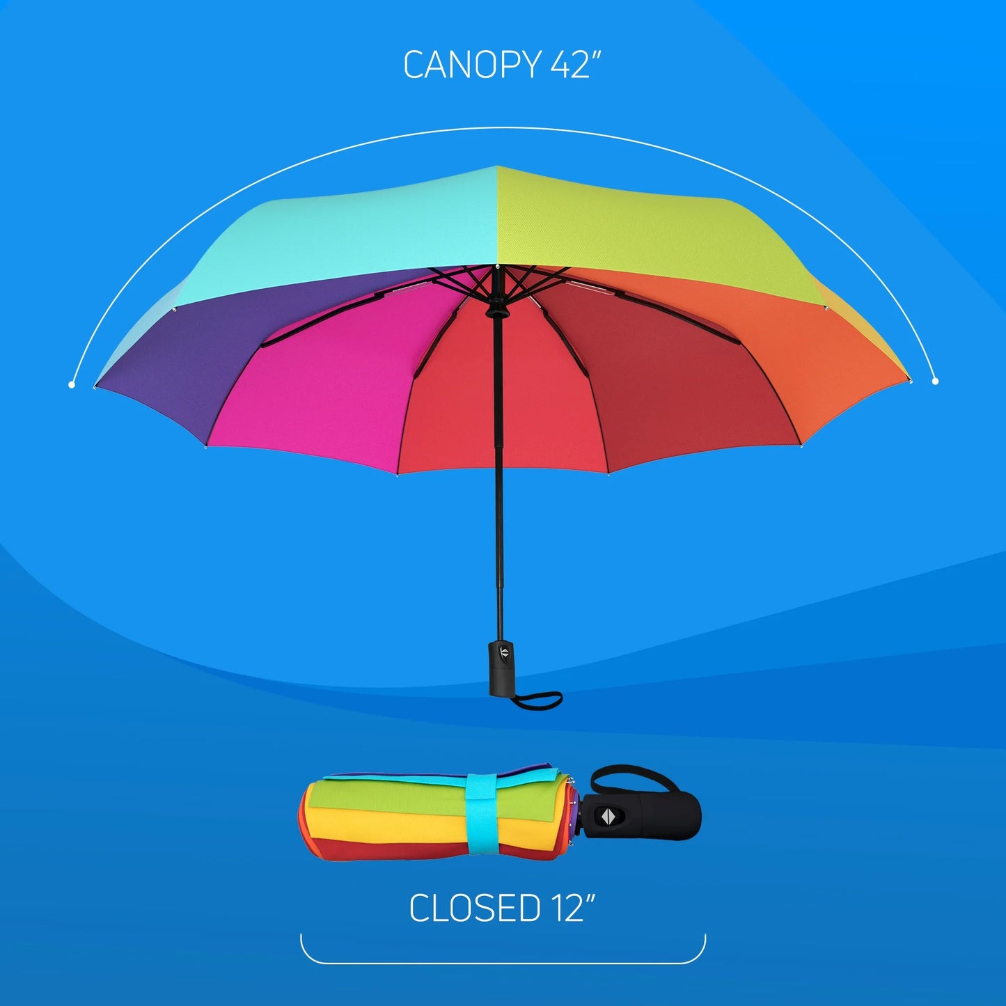 Compact Travel Umbrella, Windproof Umbrella, Auto Open and Close Button, 9 Rib Reinforced Canopy (Rainbow)