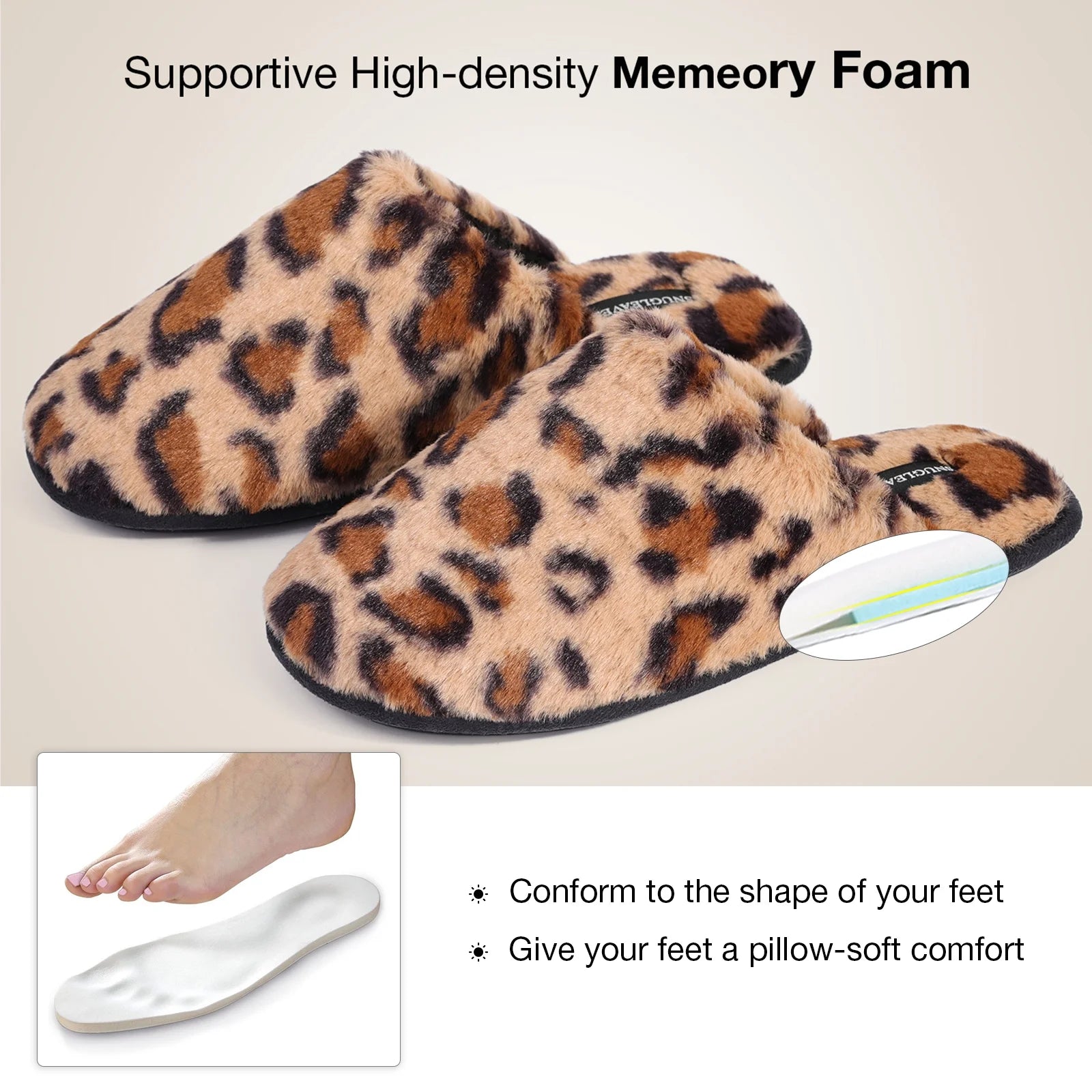 Women'S Fuzzy House Memory Foam Slippers Cute Furry Leopard Print Faux Fur Lined Closed Toe Indoor Slides Bedroom Slip on Shoes