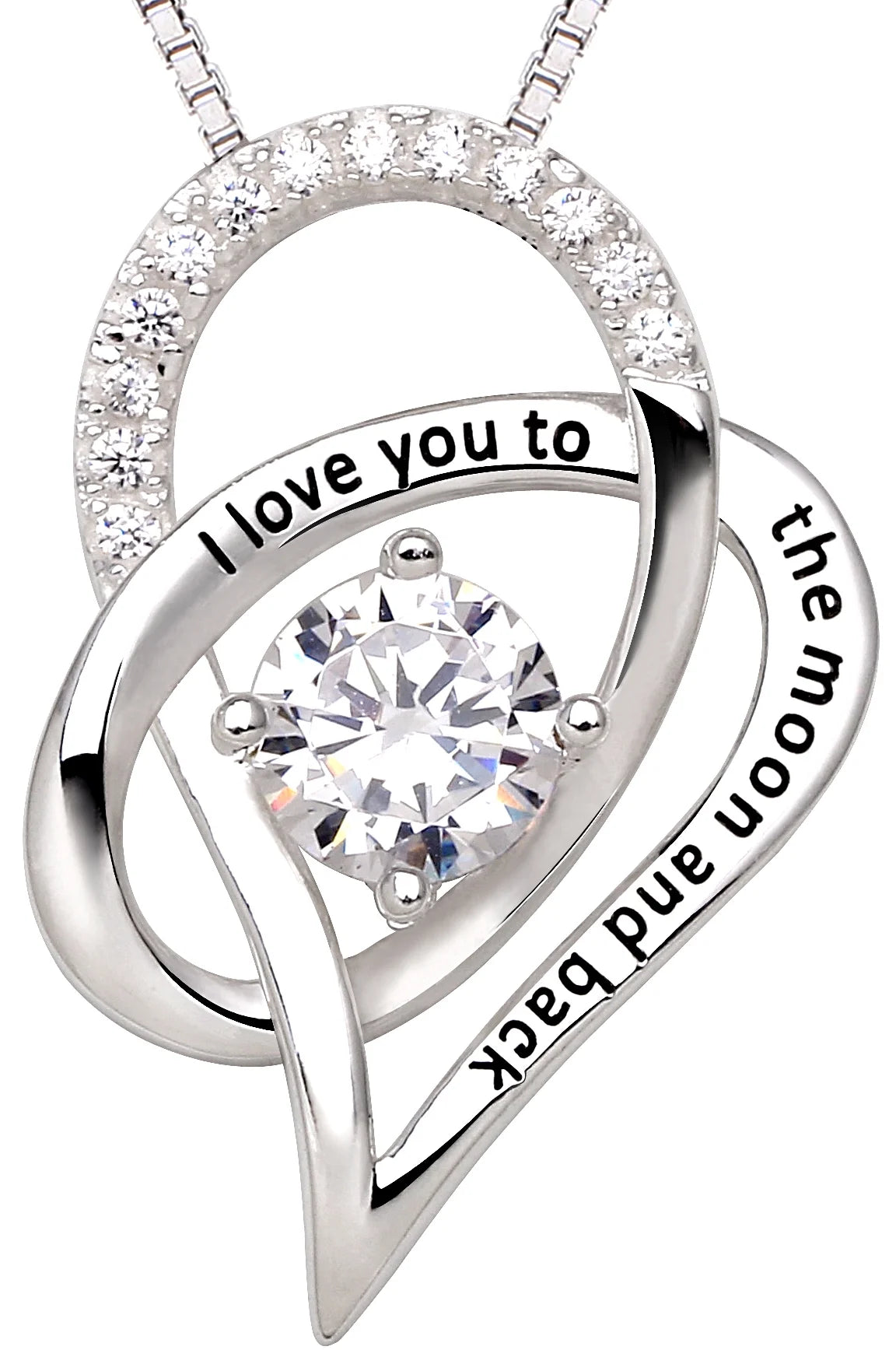 Jewelry Sterling Silver I Love You to the Moon and Back Love Heart Cubic Zirconia Pendant Necklace