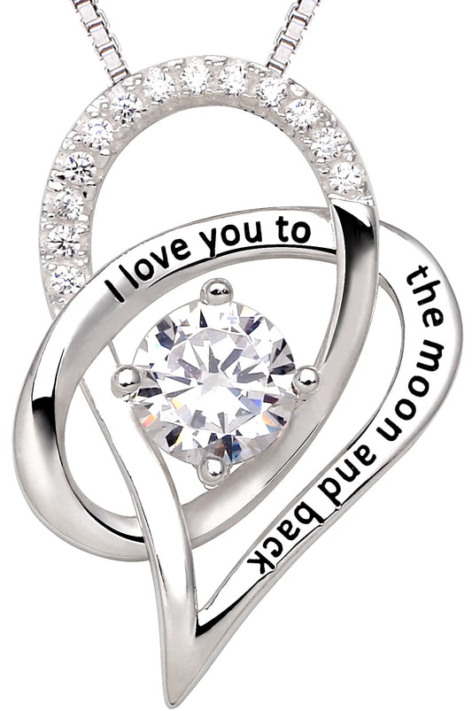 Jewelry Sterling Silver I Love You to the Moon and Back Love Heart Cubic Zirconia Pendant Necklace