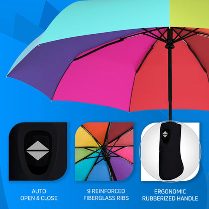 Compact Travel Umbrella, Windproof Umbrella, Auto Open and Close Button, 9 Rib Reinforced Canopy (Rainbow)