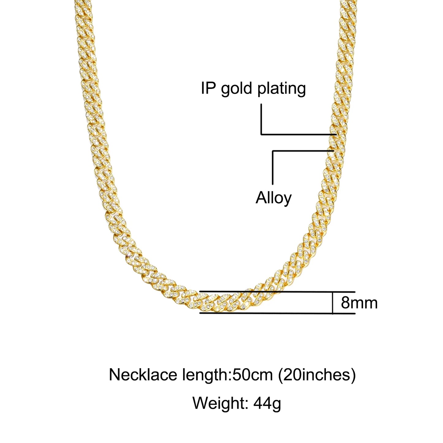 Male Zircon Cuban Chain Necklaces for Men Women Hip Hop Gold Plated Teen Jewelry 8MM 24Inch