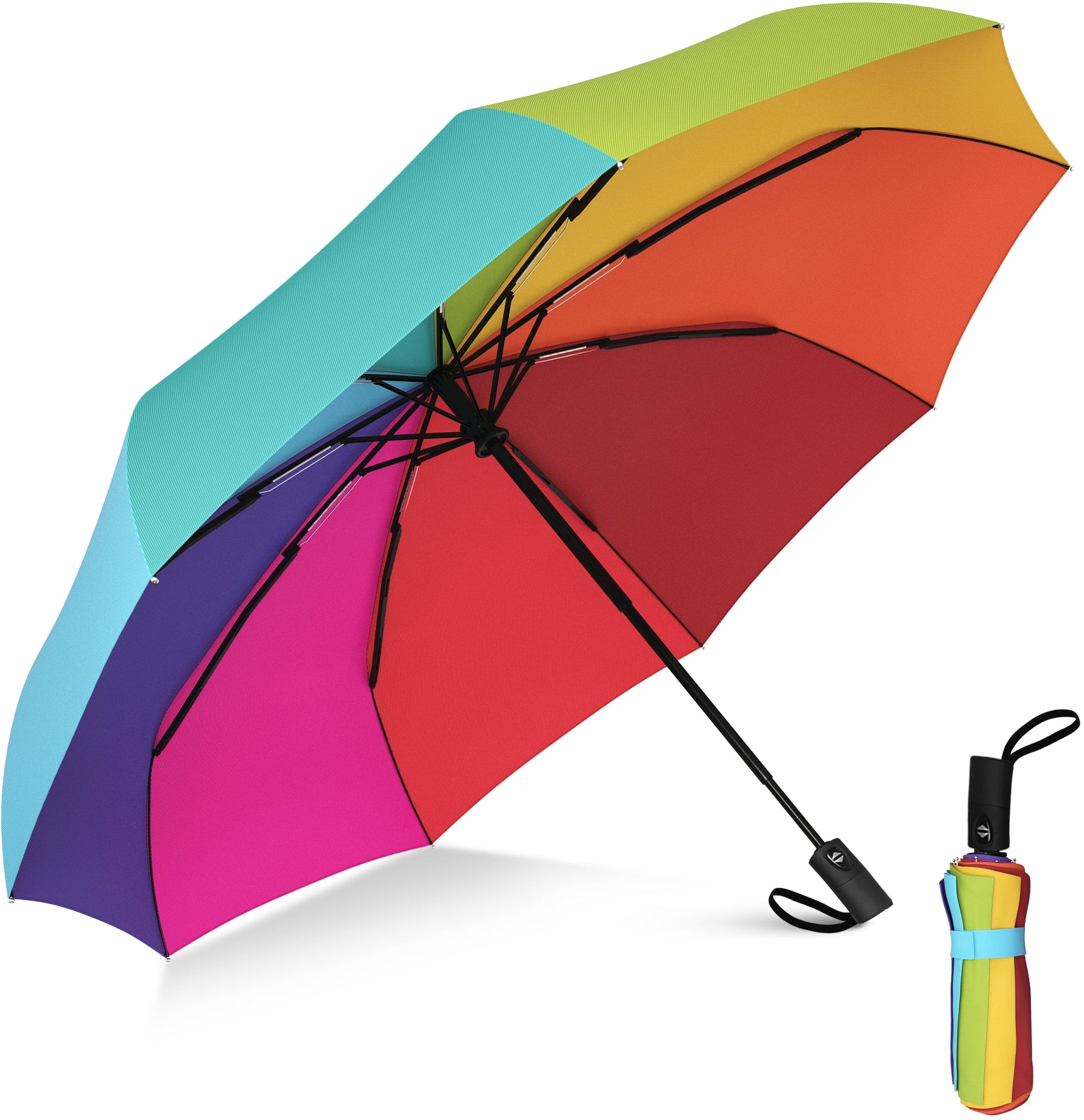 Compact Travel Umbrella, Windproof Umbrella, Auto Open and Close Button, 9 Rib Reinforced Canopy (Rainbow)