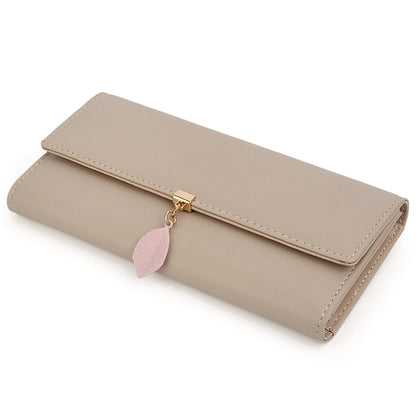 Womens Wallet PU Leather RFID Blocking Card Holder Elegant Zipper Coin Purse Leaf Pendant(Khaki)