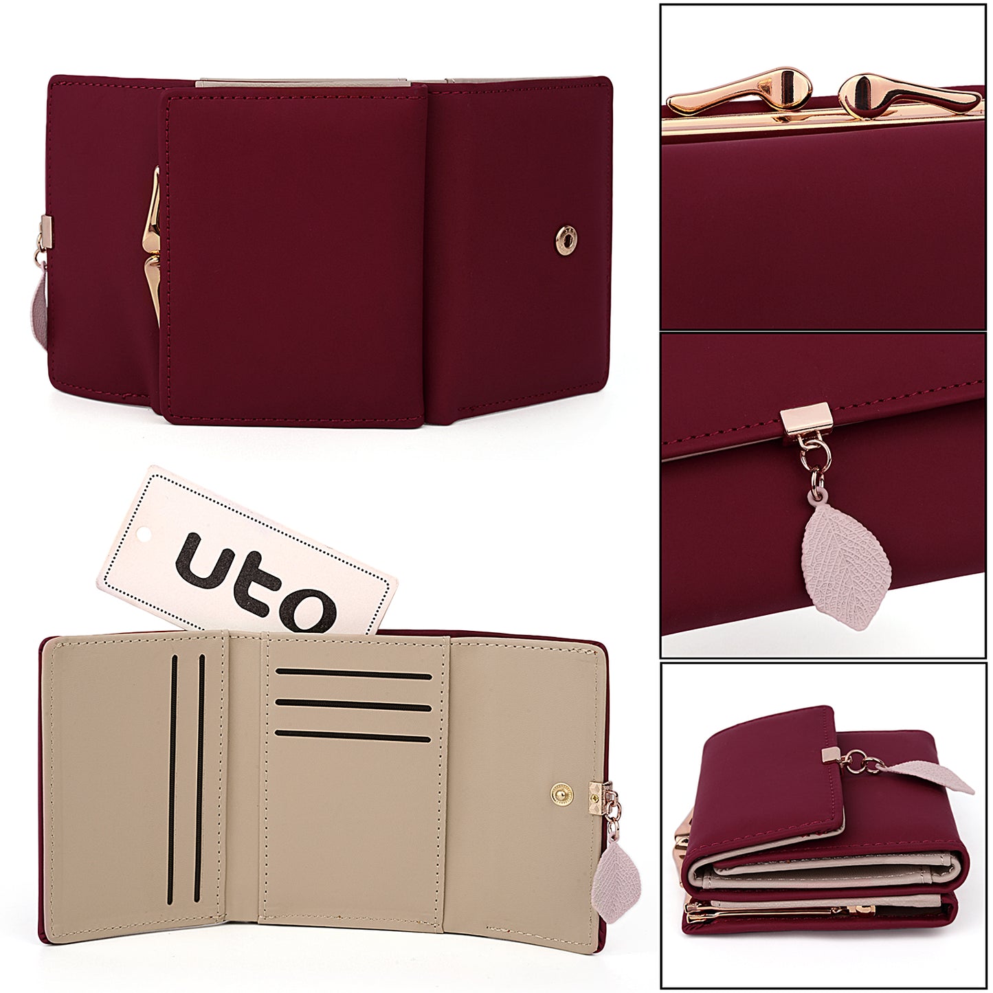 Small Wallet for Women PU Leather RFID Blocking Coin Purse Card Holder Trifold Ladies Purse Leaf Pendant(Wine Red)