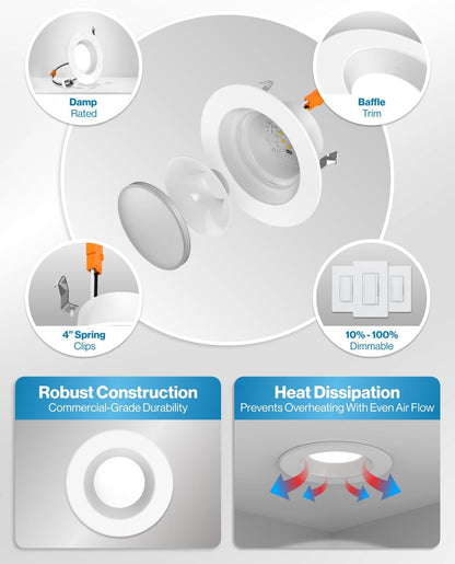 Sunco 4 Pack Retrofit LED Recessed Lighting 4 Inch, 4000K Cool White, Dimmable Can Lights, Baffle Trim, 11W=60W, 660LM, Damp Rated - ETL