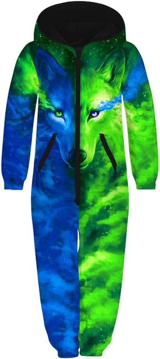 Wolf 3D Print Kids Zip up Hoodie Jumpsuits Boys Girls Hoodie Jumpsuits Rompers Comfortable Casual Zip Hooded Playsuit (13-14 Years, Green-Blue)