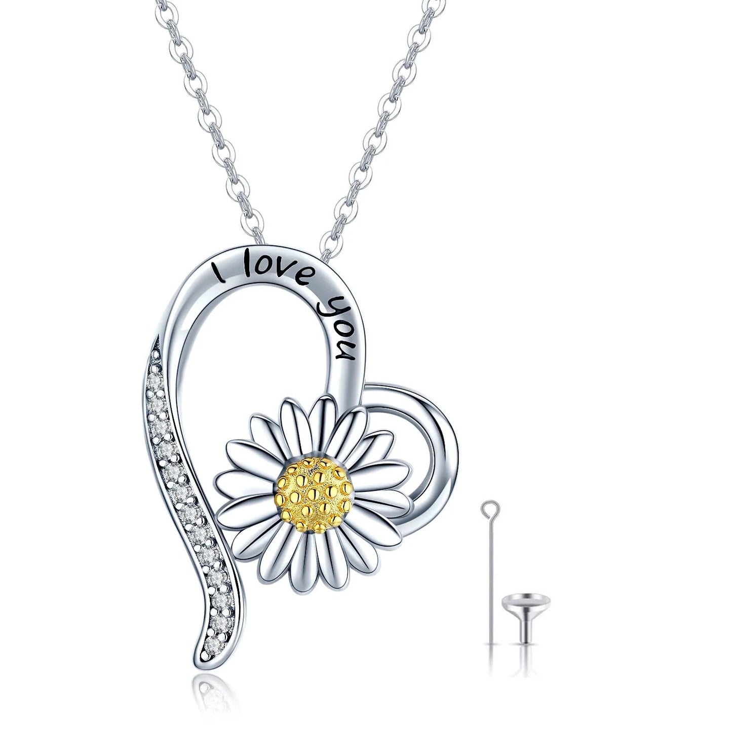 Heart Daisy Urn Necklace for Ashes 925 Sterling Silver Heart Memorial Keepsake Sunflower Pendant Necklace Cremation Jewelry Gifts for Women