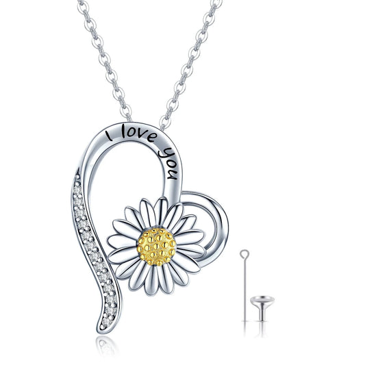 Heart Daisy Urn Necklace for Ashes 925 Sterling Silver Heart Memorial Keepsake Sunflower Pendant Necklace Cremation Jewelry Gifts for Women