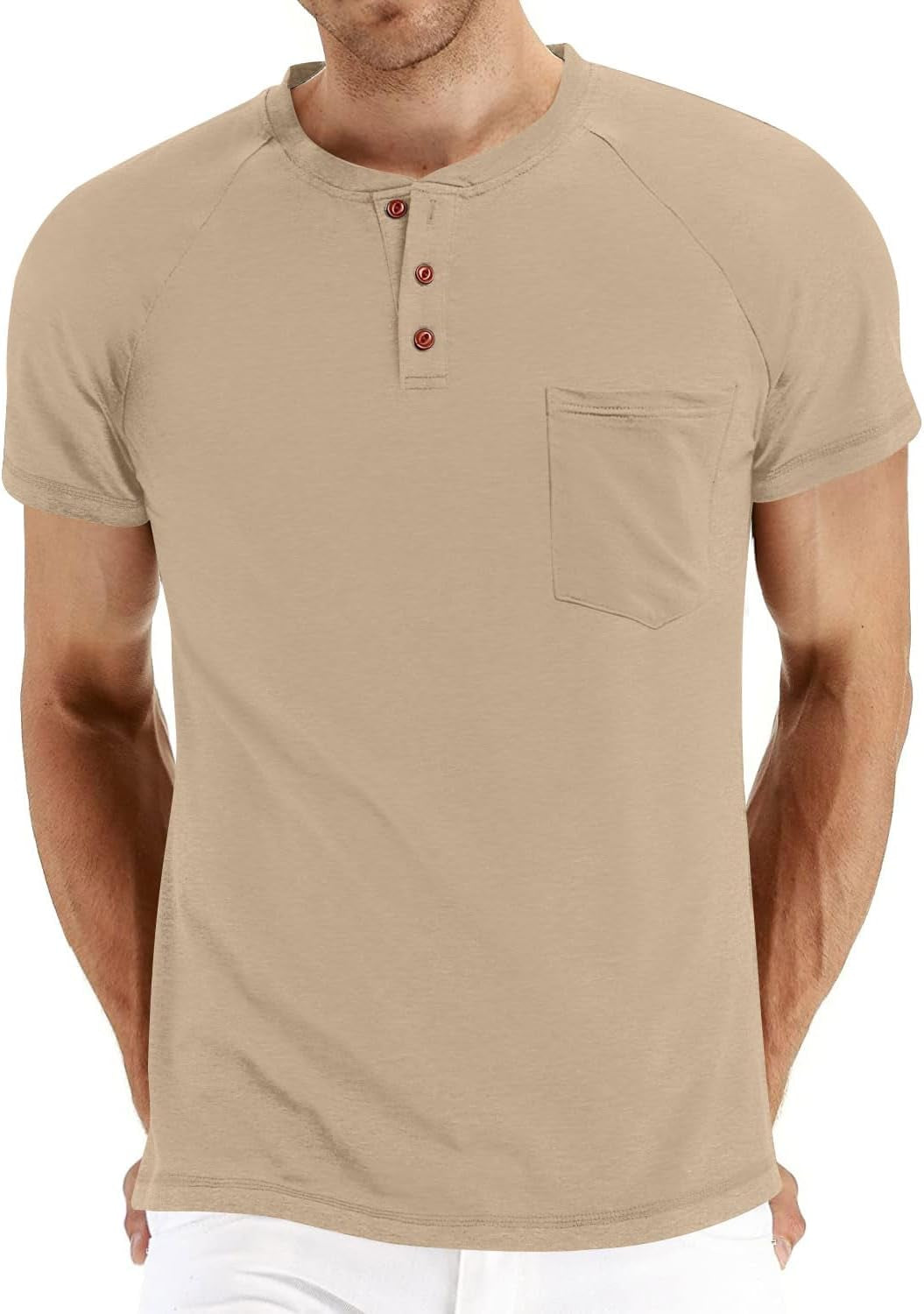 Men'S Summer Casual T-Shirts Front Placket Raglan Short Sleeve Henley Shirts with Pocket XL, Khaki