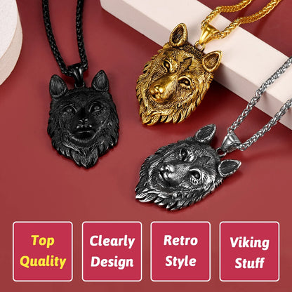 Norse Viking Wolf Pendant Necklace for Men Stainless Steel Scandinavia Jewelry Gift Amulet for Son Birthday Christmas Valentines