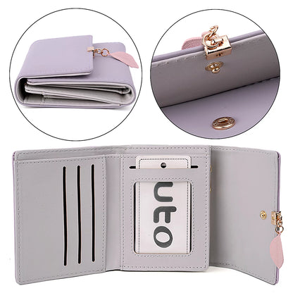 Small Wallet for Women PU Leather RFID Blocking Card Holder Zipper Coin Purse with Leaf Pendant(Purple)