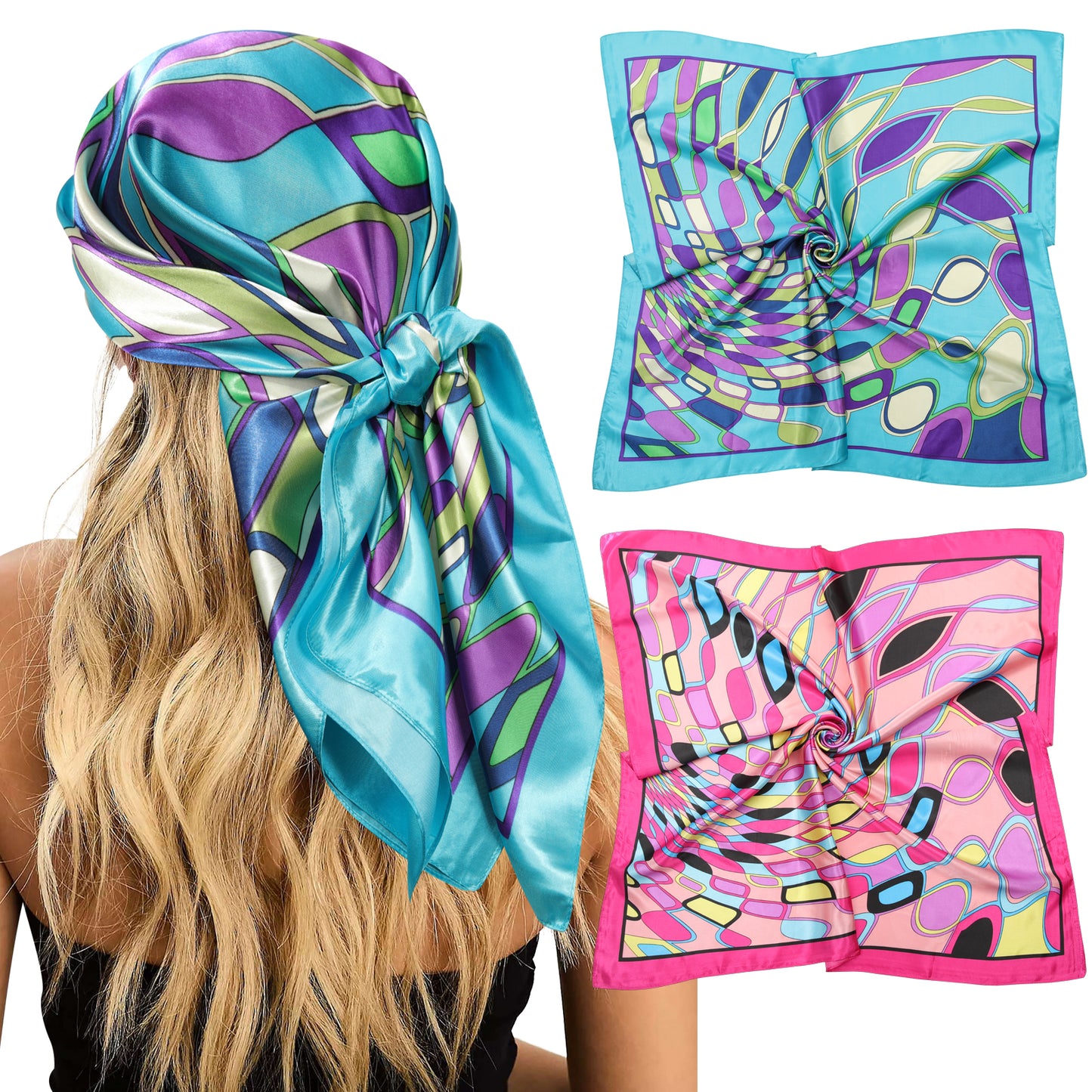 35” Large Satin Square Head Scarf - 2Pcs Silk Floral Head Scarves Women Hair Scarves Hair Bandanas