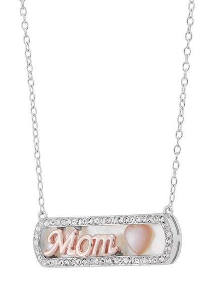 Mother of Pearl Bar,Crystal,Heart,Mom Necklace in Sterling Silver and 14KT Rose Plate,18"